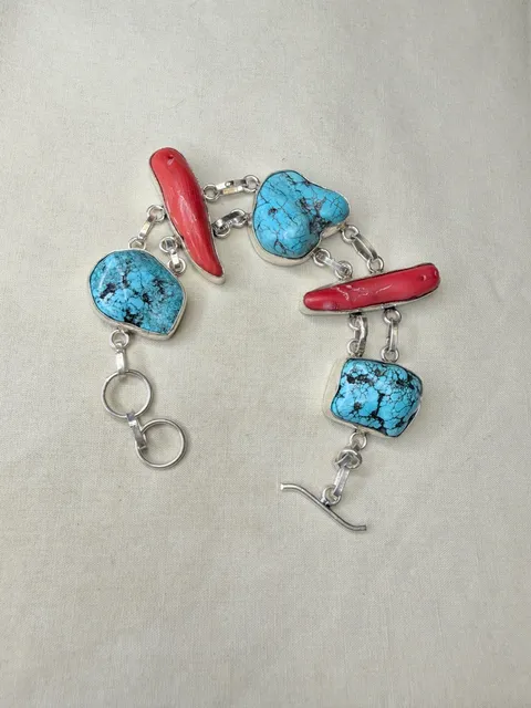Artisan Sterling Silver Turquoise And Red Coral Link Bracelet