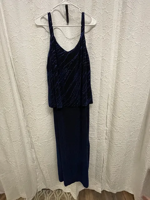 Alex Evenings Metallic Cobalt Blue Glitter 2pc Jacket Maxi Dress Set Plus Sz 20W