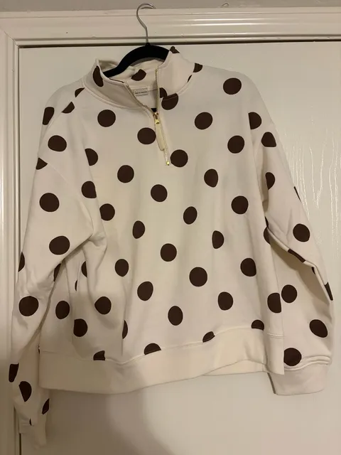 Zenana Polka Dot Quarter Zip Sweatshirt Size L Cream Brown
