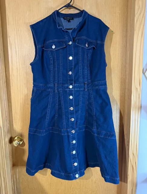 ELOQUII Plus Size 18 Blue Denim Button Front Collared Knee Shirt Dress