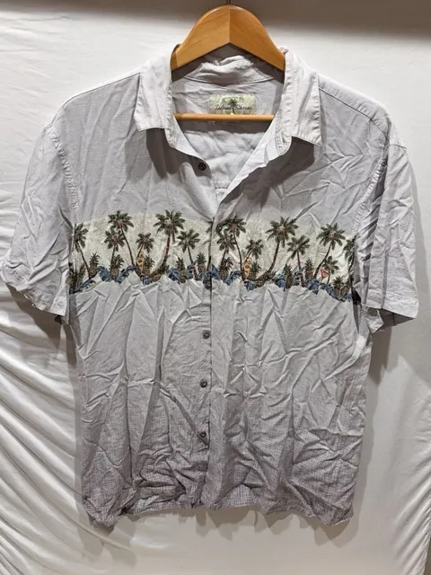 Island Shores Button-Down Shirt Size L Gray Palm Tree Rayon Short Sleeve