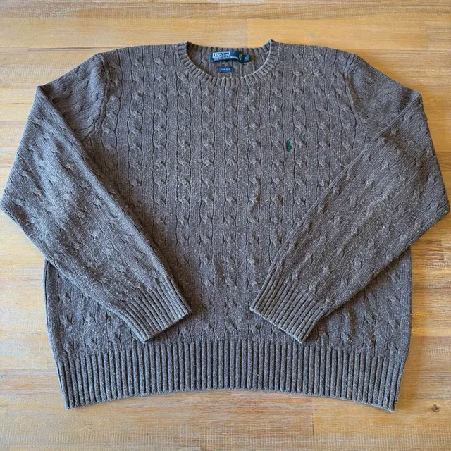 Polo Ralph Lauren Cable Knit Sweater Mens XL Brown 100% Silk Crewneck Pullover