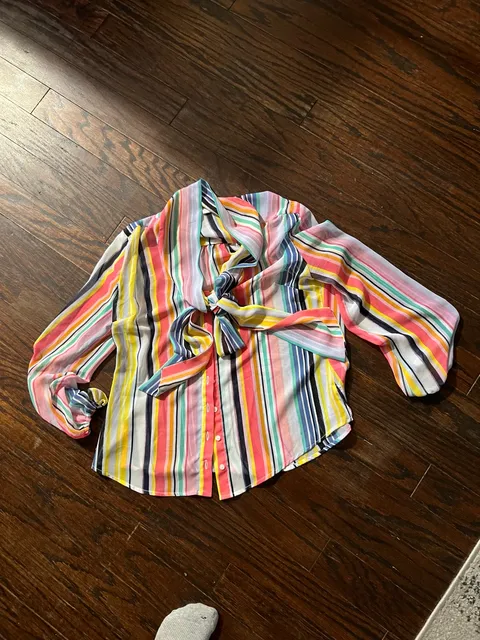 New York & Company Multi Stripe Blouse Size L Petite Multi Color