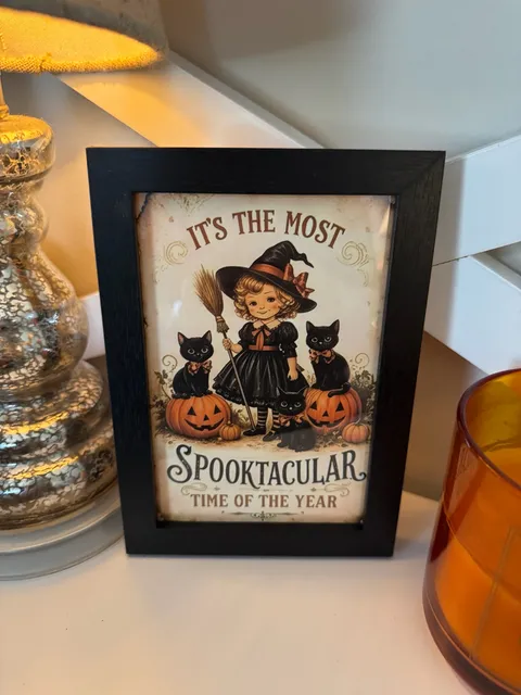 Vintage Style Halloween Witch and Black Cats Framed Art Decor