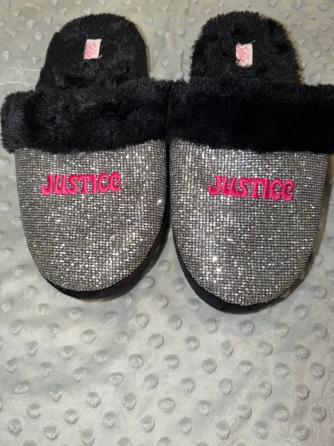 Justice Scuff Slippers Size 6 Black Silver Glitter Pink Logo Faux Fur