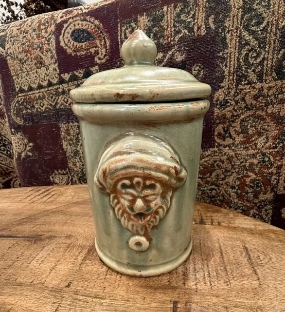 Bombay Company Glazed Pottery Two Face Canister Jar Green Stoneware