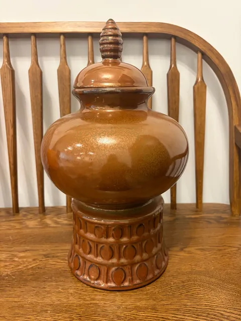 Bombay Company Ceramic Ginger Jar Glossy Amber Brown Lidded Urn 15 Inch