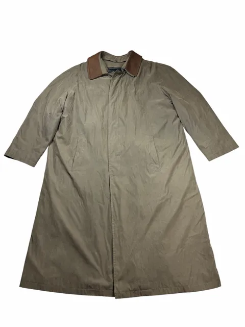 Vintage Lauren Ralph Lauren Trench Coat Mens 46R Leather Collar Lined Olive