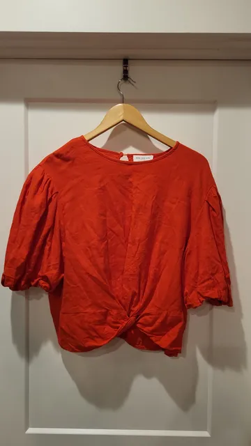 Marc New York Jeans Orange Puff Sleeve Front Knot Twist Blouse