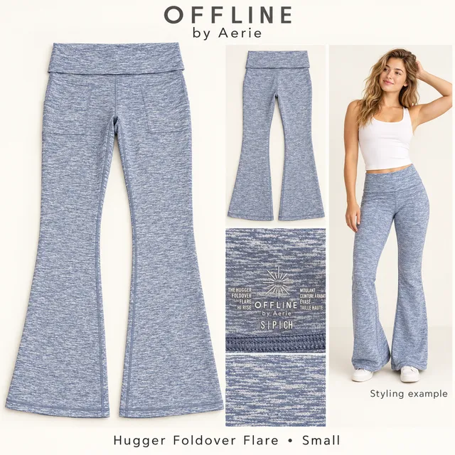 OFFLINE Aerie Hugger Foldover Flare Leggings Small Blue High Rise Yoga Pants