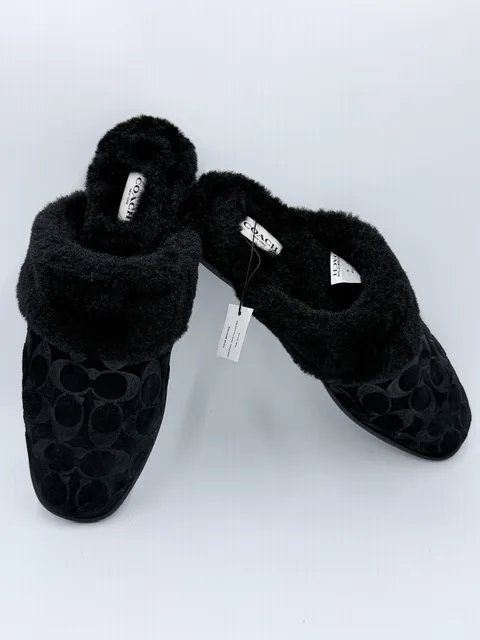 Coach Signature Faux Shearling Slippers Black Size 9