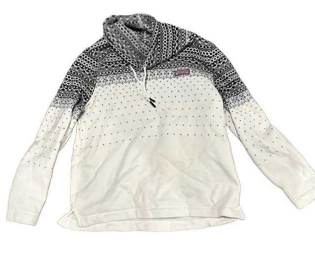 Vineyard Vines Cowl Neck Pullover Hoodie Size M Black White Fair Isle Print