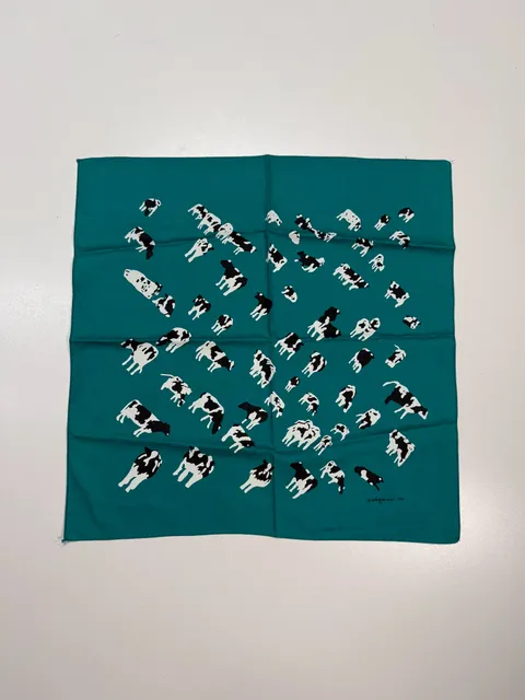 Vintage Woody Jackson Women's Cottagecore Farmcore Western Grandmacore Cottage-Glam Americana Vintage 1984 Cow Print Bandana Scarf Square Signed Teal Black White Holstein Cotton-Feel Neck Scarf Hair Wrap Unisex