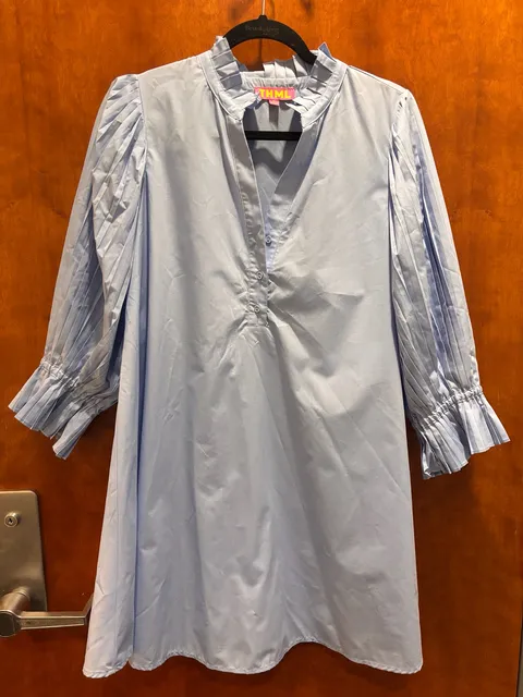 THML Dress Size M Blue Poplin Pleated Ruffle Sleeve Tunic Dress