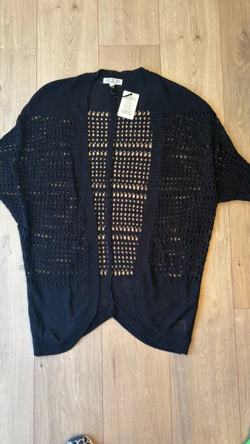 Pink Rose Crochet Open Front Cardigan Size L Black Knit Sweater