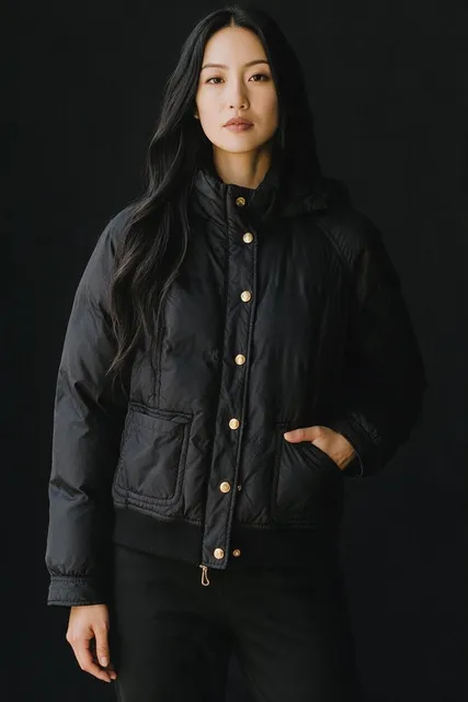 Juicy Couture Puffer Jacket Size Large Black Down Hooded Bomber