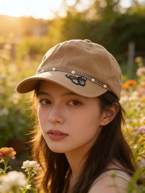 Butterfly Embroidered Baseball Cap Beige Cotton