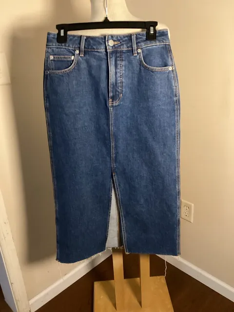 Veronica Beard Denim Skirt Size 6 Blue Midi Front Slit Raw Hem