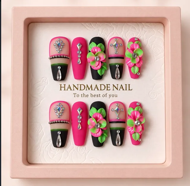 Handmade Reusable Press-On Nails 3D Pink Floral Green Leaves Rhinestones Coffin 