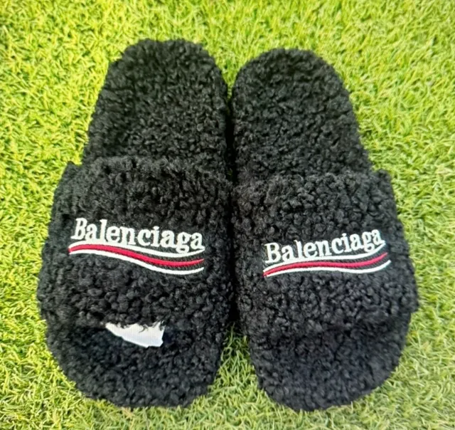 Balenciaga Fluffy Slide Sandals Black Faux Fur women’s 