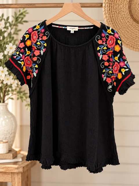 NWT Umgee boutiqueEmbroidered Top Black Floral Short Sleeve Shirt Sz XL