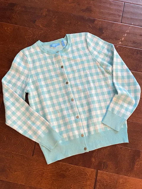 Draper James RSVP Gingham Cardigan Size M Turquoise White