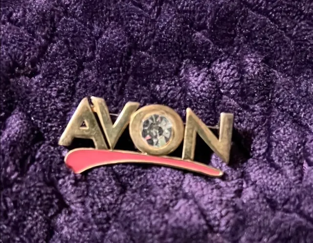 Avon Gold Tone Rhinestone Logo Brooch Pin