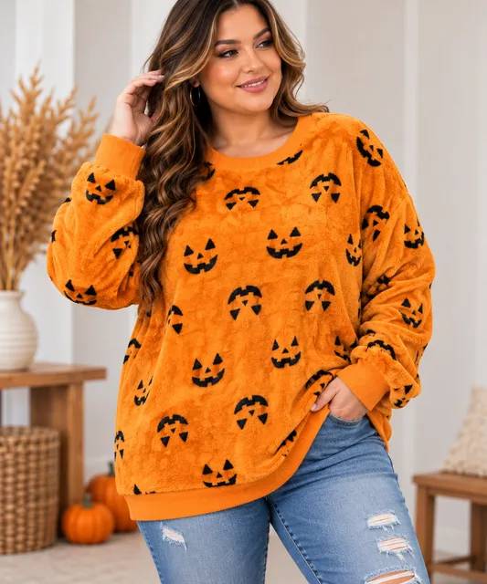 Fuzzy Jack O' Lantern Halloween Pumpkin Pullover Sweatshirt Orange