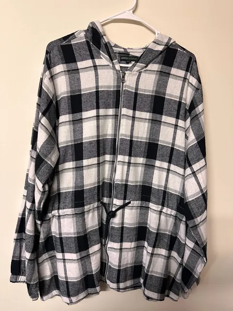 Green Goddess Plaid Hooded Zip Jacket Size L Black White