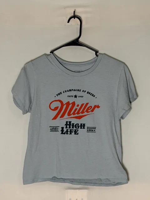 Miller High Life T-Shirt Large Blue Graphic Crop Top