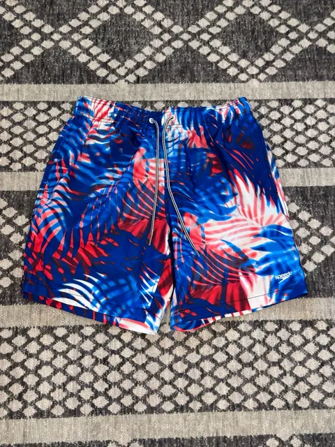 Speedo Swim Trunks Size M Blue Red Palm Leaf Print Board Shorts