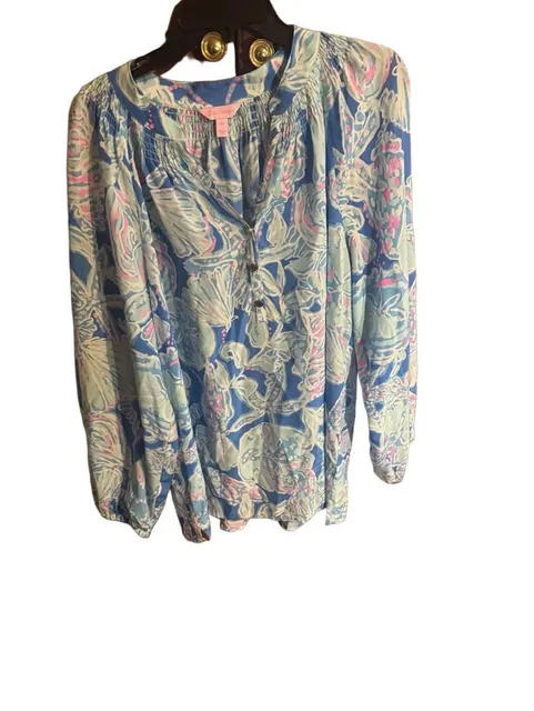 Lilly Pulitzer Silk Blouse Size XL Blue Floral Long Sleeve