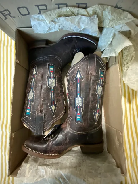 Roper Arrows Square Wonder Boot Size 7.5 Brown Leather