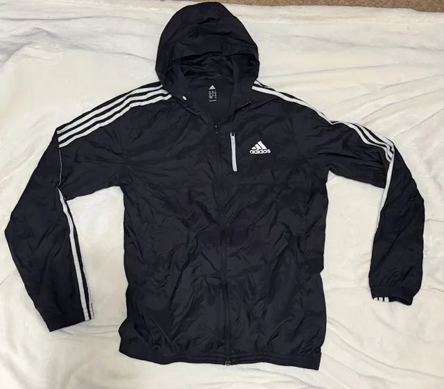 Adidas Full Zip Hooded Windbreaker Jacket Size LT Black