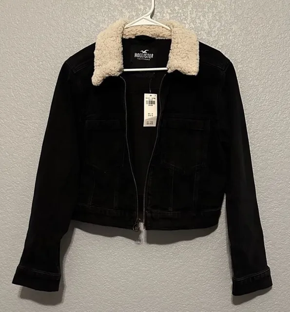 NEW Hollister Sherpa Collared Trucker Denim Jacket Size M Black