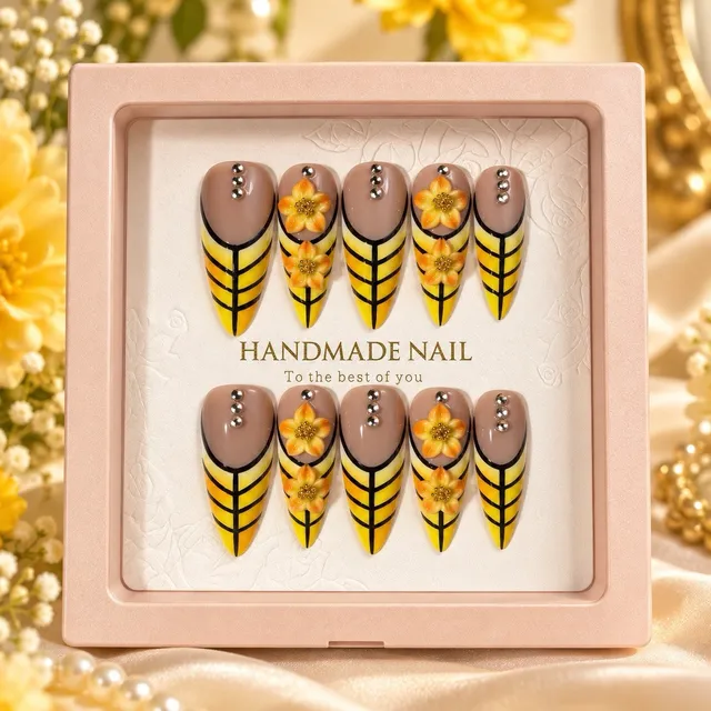 Yellow Floral Press On Nails Size L Long Stiletto Rhinestone 10pc Set #021