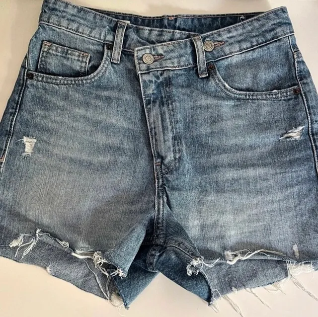 Zara Denim Asymmetrical Shorts Distressed Raw Hem