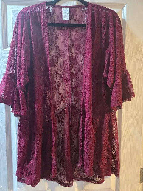 Time and Tru Lace Kimono Cardigan Size S/M Burgundy Open Front