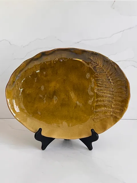 Nocal LDA Ceramic Leaf Platter 16 Inch Gold Glaze Made in Portugal