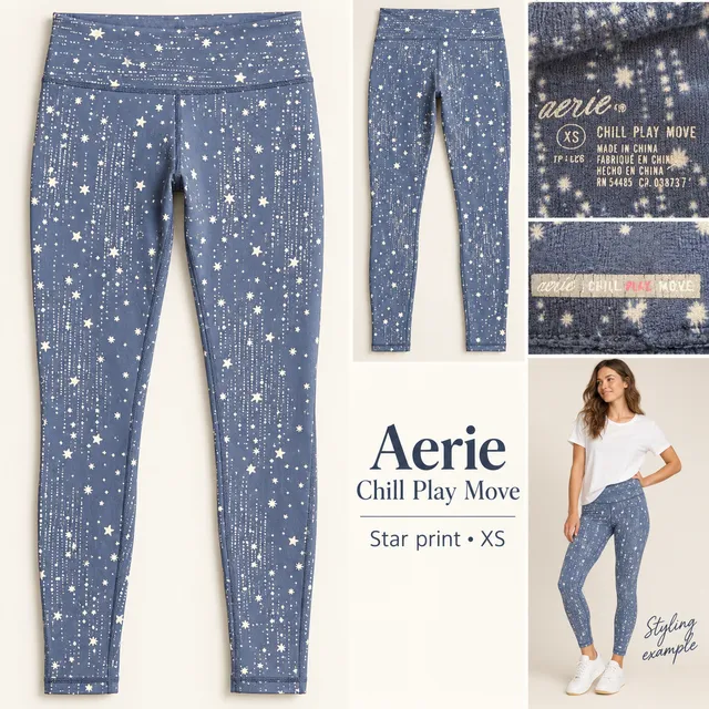 Aerie Chill Play Move Leggings XS Blue White Star Print Yoga Lounge Pants