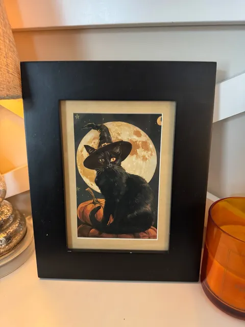 Vintage Style Halloween Black Cat Witch Hat Framed Art
