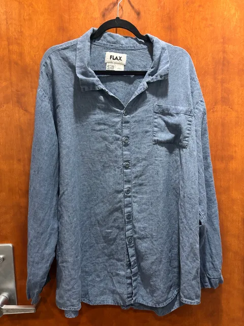 FLAX Button-Up Shirt Size Large Blue 100% Linen Long Sleeve