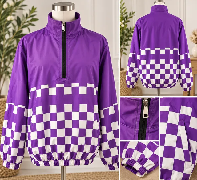 Unbranded Purple White Checkered Quarter Zip Pullover Windbreaker Jacket
