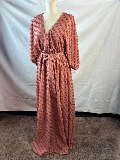 Akaa Pink Clipped Dot Long Sleeve Maxi Dress