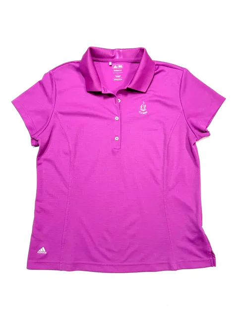 Adidas Women's Polo Shirt Size L Preppy Old Money Country Club Golfcore Sporty ClimaLite Golf Purple Orchid Short Sleeve CCA 1894 Embroidered Logo Moisture Wicking Athletic Top