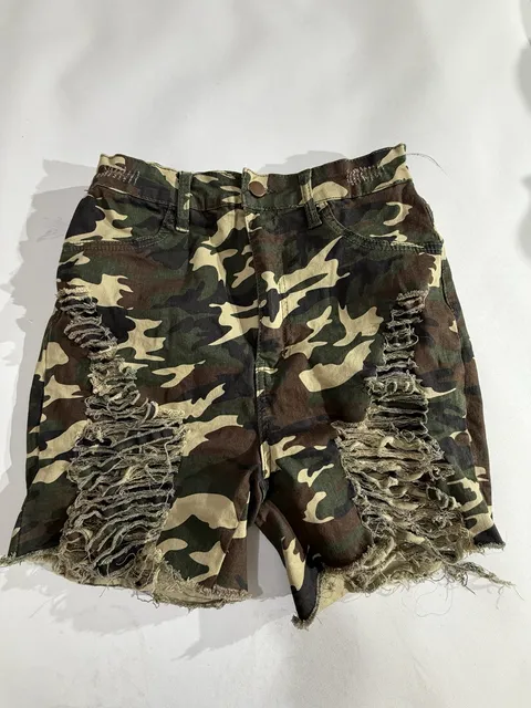 Fashion Nova Camo Distressed Ripped Denim Shorts Size 11