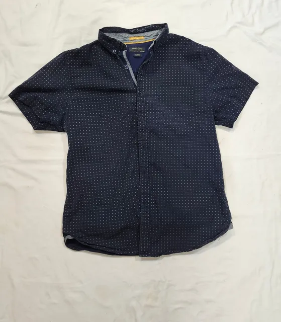 Denim & Flower Short Sleeve Button Up Shirt Blue Pattern Slim