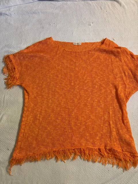ANDTHEWHY Knit Top Size S/M Orange Open Weave Fringe