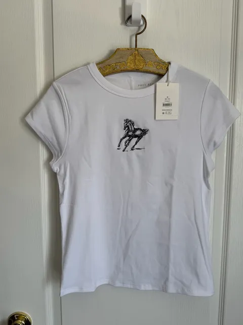Embroidery by me! Free Assembly Cap Sleeve Tee Size M 8-10 White with Black Horse 