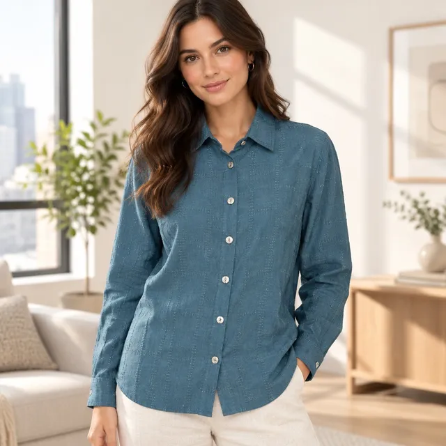 Erin London Button-Down Shirt Size 3X Muted Teal Faux Suede Embroidered